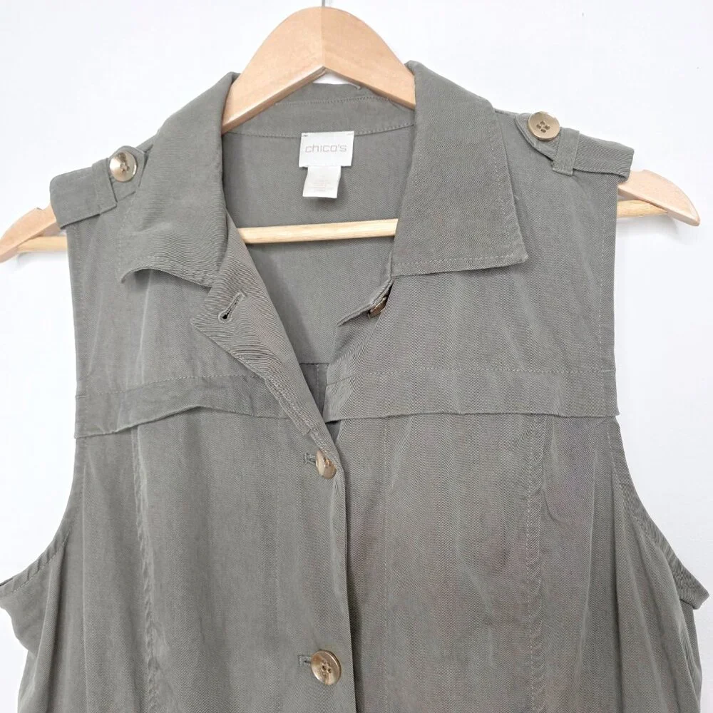 Chico's 100% Lyocell Utility Vest Sleeveless Jacket Safari Coastal Green Size 1